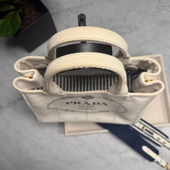 Prada Small White Canapa Logo Tote w/ Strap & Authenticity Certificate Card - Picture 5 of 16